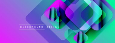 Soyut geometrik şekiller örtüşüyor, canlı mor ve yeşil renkler yaratıyor. Modern tasarım elementleri dijital sanat ve teknoloji odaklı.