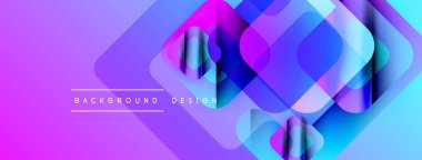 Soyut geometrik şekiller örtüşüyor, canlı mor ve mavi renkler yaratıyor. Metin, arkaplan tasarımını katmanlı karelerin altında okur. Modern, dinamik görsel.