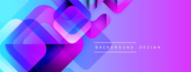 Soyut geometrik şekiller örtüşür, parlak mavi ve mor renkler yaratır. Modern tasarım elementleri teknoloji ve yenilik öneriyor.