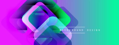 Canlı, soyut geometrik şekiller çakışıyor. Renkler mordan yeşile dönüşüyor. Arka planlar için modern tasarım ögesi.