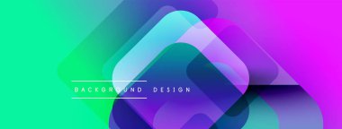 Canlı, soyut bir arkaplan. Üst üste binen kareler dinamik görsel efekt yaratır. Renkler pürüzsüz, turkuazlar mora karışıyor. Modern tasarım ögesi.