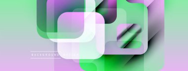 Soyut geometrik şekiller örtüşür ve canlı, modern bir zemin oluşturur. Yumuşak eğimler mor, yeşil renkleri harmanlıyor. Minimalist tasarım.