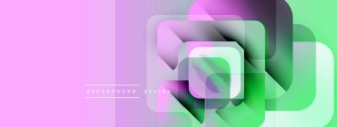 Soyut geometrik katmanlar canlı ve renkli bir zemin oluşturur. Yumuşak gradyanlar pembe, yeşil ve mor renkleri harmanlarlar. Modern tasarım ögesi.