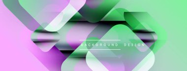 Soyut geometrik şekiller örtüşür, canlı gradyanlar yaratır. Pembe, yeşil, mor renkler kompozisyona hakim. Modern tasarım ögesi.