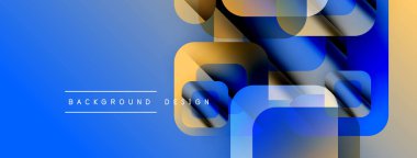 Soyut geometrik şekiller örtüşür, parlak mavi, altın renkleri yaratır. Metin, arkaplan tasarımını katmanlı biçimlerin altında okur. Modern estetik.
