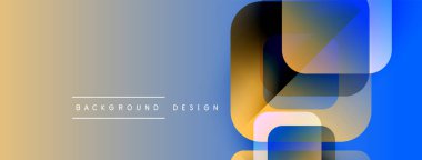 Soyut geometrik şekiller örtüşür, parlak mavi ve turuncu renkler yaratır. Metin arkaplan tasarımlı minimalist tasarım görünür. Modern estetik.