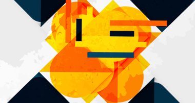 Soyut tasarım turuncu şekiller, çizgiler ve koyu arkaplan içerir. Geometrik biçimler kesişir ve dinamik görsel etki yaratır.