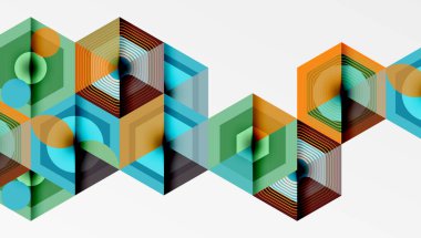 Soyut geometrik desen. Altıgen şekiller birbirine kenetlenir ve optik illüzyon yaratır. Renkler arasında deniz mavisi, turuncu, kahverengi, yeşil. Modern tasarım.