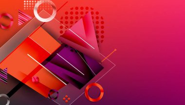 Soyut geometrik bileşim. Kırmızı, mor gradyanlar dizaynın hakimi. Şekiller çakışıyor, dinamik görsel etki yaratıyor. Modern, enerjik.