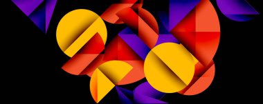 Soyut geometrik şekiller örtüşüyor, canlı renk eğimleri yaratıyor. Sarı, mor, kırmızı renkler siyah arkaplana hakim. Modern tasarım.