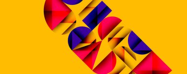 Soyut geometrik tasarım. Kalın renkler, şekiller üst üste binerek dinamik görsel etki yaratıyor. Sarı arkaplan canlı kırmızılarla, morlarla çelişiyor.