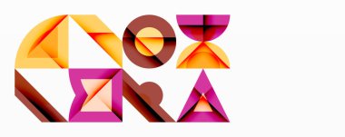 Soyut geometrik şekiller metni oluşturur. Sıcak renkler kompozisyona hakim, modern görsel etki yaratıyor. Minimalist tasarım, mevcut temiz çizgiler.