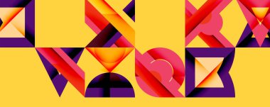 Soyut geometrik bileşim. Kalın şekiller, canlı renkler dinamik görsel etki yaratır. Sarı arkaplan formları vurgular.