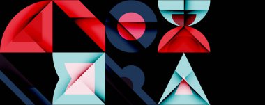 Soyut geometrik şekiller örtüşür, dinamik bileşim yaratır. Kırmızı, mavi, cyan renkleri siyah arkaplana hakim. Modern tasarım elemanları.