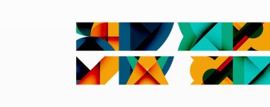 Soyut geometrik şekiller, canlı renkler, modern tasarım. Kompozisyon üst üste binen dikdörtgenler, üçgenler, dinamik desenler.