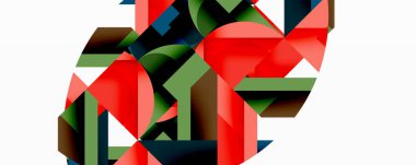 Soyut geometrik şekiller örtüşür, dinamik bileşim yaratır. Kırmızı, yeşil, donanma baskın tasarım. Minimalist tarz, modern estetik.