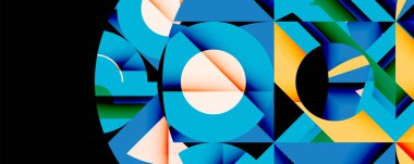 Soyut geometrik bileşim. Canlı maviler, yeşiller, sarılar dinamik şekiller yaratır. Modern tasarım, temiz çizgiler, kalın renkler imaja hakim.