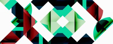 Soyut geometrik desen. Teal, kırmızı, beyaz şekiller simetrik tasarım yaratır. Modern dijital sanat, canlı renkler, temiz çizgiler.