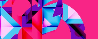 Soyut geometrik şekiller, canlı renkler, pembe arkaplan. Dinamik bileşim modern görsel etki yaratır.