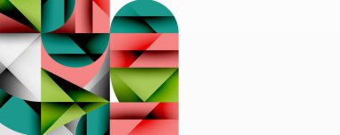 Soyut geometrik bileşim. Şekiller örtüşüyor, canlı bir görsel ilgi yaratıyor. Renkleri yeşil, deniz mavisi, mercan ve beyazdır. Modern tasarım.