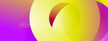 Soyut eğim arkaplanı. Üst üste binen daireler dinamik görsel efekt yaratır. Mor, sarı renkler kompozisyona hakim. Modern tasarım ögesi.
