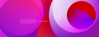 Soyut, enerjik çemberler çakışıyor. Pembe, mor, kırmızı renkler dinamik bir zemin oluşturur. Modern tasarım elementleri pürüzsüz eğimler sunar.