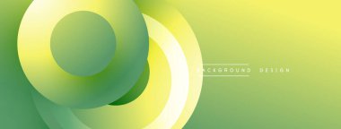 Soyut tasarım özellikleri katmanlı yeşil, sarı daireler. Pürüzsüz gradyanlar dinamik görsel efekt yaratır. Minimalist tarz, modern estetik.