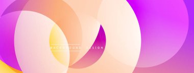 Soyut renkli çakışan daireler dinamik arkaplan oluşturur. Yumuşak gradyanlar turuncu, sarı, pembe, mor renkleri harmanlarlar. Modern tasarım ögesi.