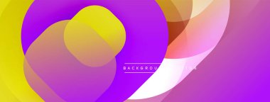 Soyut enerjik şekiller örtüşür, dinamik renkli kompozisyon oluşturur. Mor arka planda baskın, sarı aksanlar mevcut. Modern tasarım ögesi.