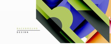 Soyut geometrik bileşim. Üst üste binen katmanlar, canlı mavi, yeşil ve turuncu renkler kullanarak derinlik yaratır. Arkaplan ve sunumlar için modern tasarım ögesi.