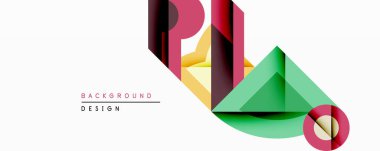 Soyut geometrik bileşim. Katmanlı şekiller dinamik görsel efektler yaratır. Renkler arasında pembe, yeşil, sarı, kırmızı, kahverengi yer alıyor. Arka planlar için modern tasarım ögesi.