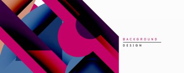 Soyut geometrik şekiller örtüşür, dinamik bileşim yaratır. Canlı morumsu, mavi, mor renkler dizaynın hakimi. Temiz beyaz alan, canlı elementleri dengeler. Modern estetik.