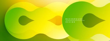 Soyut gradyan şekiller çakışıyor, dinamik görsel akış yaratıyor. Sarı, yeşiller kompozisyona hakim. Modern tasarım ögesi.