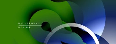 Soyut sıvı şekilleri, yeşil mavi gradyan. Modern tasarım, düz kıvrımlar, üst üste binen katmanlar dinamik bileşim yaratır. Minimalist estetik.