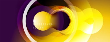 Soyut daireler, canlı renkler, katmanlı şekiller modern tasarım yaratır. Sarı, mor renkler kompozisyona hakim. Yumuşak gradyanlar.
