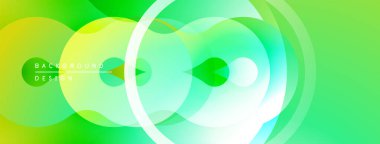 Soyut canlı yeşil arka plan. Üst üste binen daireler dinamik görsel efekt yaratır. Yumuşak eğimler, modern tasarım elementleri mevcut.