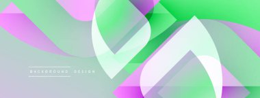 Soyut geometrik şekiller örtüşür, canlı gradyanlar yaratır. Pembe, yeşil renkler tasarıma hakim, modern estetiğe işaret ediyor.