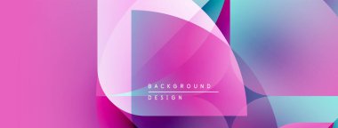 Soyut geometrik şekiller, canlı pembeler, maviler, morlar modern arkaplan tasarımı yaratır. Üst üste binen katmanlar dinamik görsel efekt sunar.