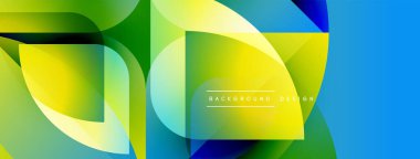 Soyut geometrik şekiller canlı yeşillikleri, sarıları, mavileri harmanlarlar. Modern tasarım dinamik görsel deneyim yaratır. Yumuşak eğimler bileşimi güçlendirir.