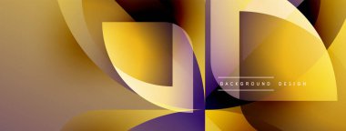 Soyut altın tasarım. Üst üste binen şekiller dinamik görsel efekt yaratır. Mor aksanlı, modern, lüks bir his. Yumuşak gradyanlar zarafet sunar.