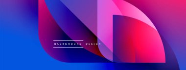 Soyut geometrik şekiller örtüşür, parlak mavi, mor ve pembe renkler yaratır. Arkaplan, pankart ve sunumlar için modern tasarım ögesi.