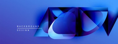 Soyut mavi tasarım, üst üste binen geometrik şekiller. Renkler derinlik yaratır, modern estetik. Projeler için arkaplan ögesi.