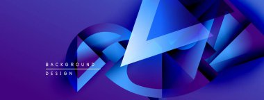 Soyut geometrik şekiller örtüşür, parlak mavi ve mor renkler yaratır. Modern tasarım teknoloji, yenilik ve enerji öneriyor.
