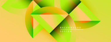 Soyut geometrik şekiller canlı yeşillikleri, sarıları, portakalları harmanlarlar. Modern tasarım akıcılık, enerji, dinamik bileşim öneriyor. Arkaplanda metin ögeleri.