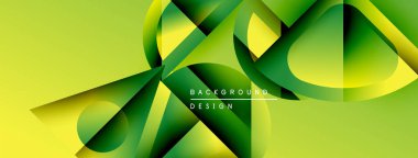 Soyut geometrik şekiller örtüşüyor, canlı yeşil, sarı renkler yaratıyor. Modern tasarım elementleri dinamik hareket, görsel doku önerir.