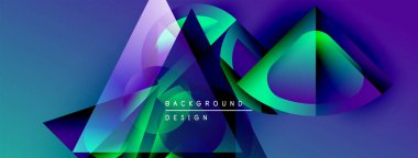 Soyut geometrik şekiller örtüşür, canlı gradyanlar yaratır. Mavi, mor, yeşil renkler kompozisyona hakim. Metin arkaplan tasarımı okur.