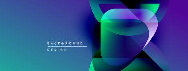 Soyut arka plan canlı mavi, mor renkler içerir. Üst üste binen şekiller dinamik görsel efekt yaratır. Modern tasarım elemanları.