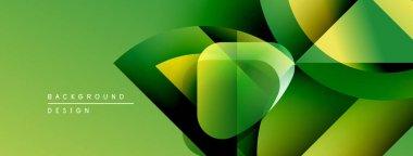 Soyut geometrik tasarım. Yeşil, sarı gradyanlar katmanlı şekiller yaratır. Dijital projeler için modern arkaplan.