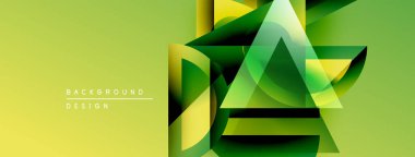 Soyut geometrik bileşim. Üst üste binen üçgenler dinamik görsel efekt yaratır. Sarı, yeşil renkler tasarımda baskın. Modern biçim.