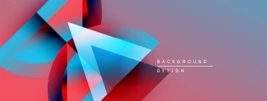 Soyut geometrik şekiller örtüşüyor, canlı renk eğimleri yaratıyor. Pembe, mavi, mor renkler tasarımda baskın. Modern estetik.